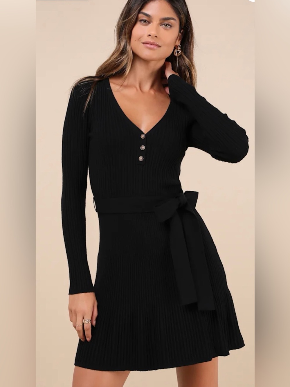 Lulu's Cozy Poise Black Henley Long Sleeve Mini Sweater Dress